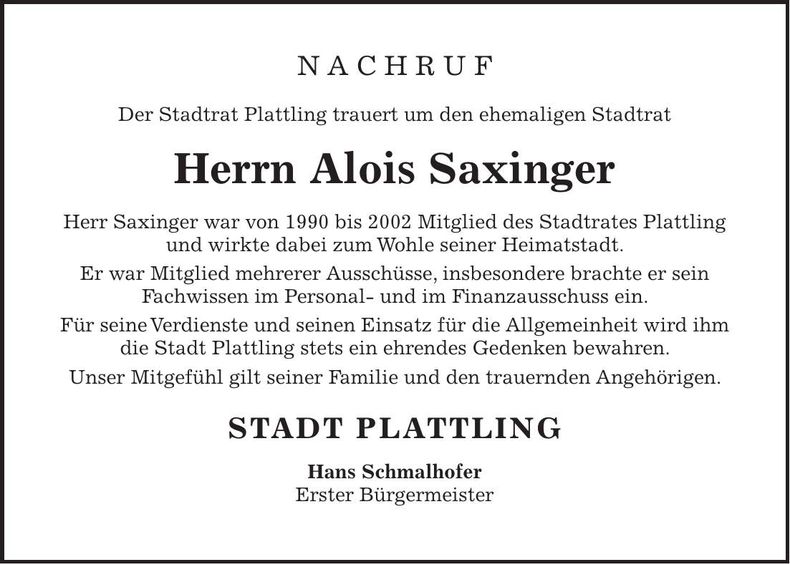 Traueranzeige Alois Saxinger