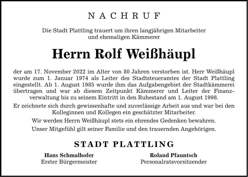 Traueranzeige Rolf Weißhäupl