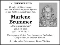 Traueranzeige Marlene Brummer