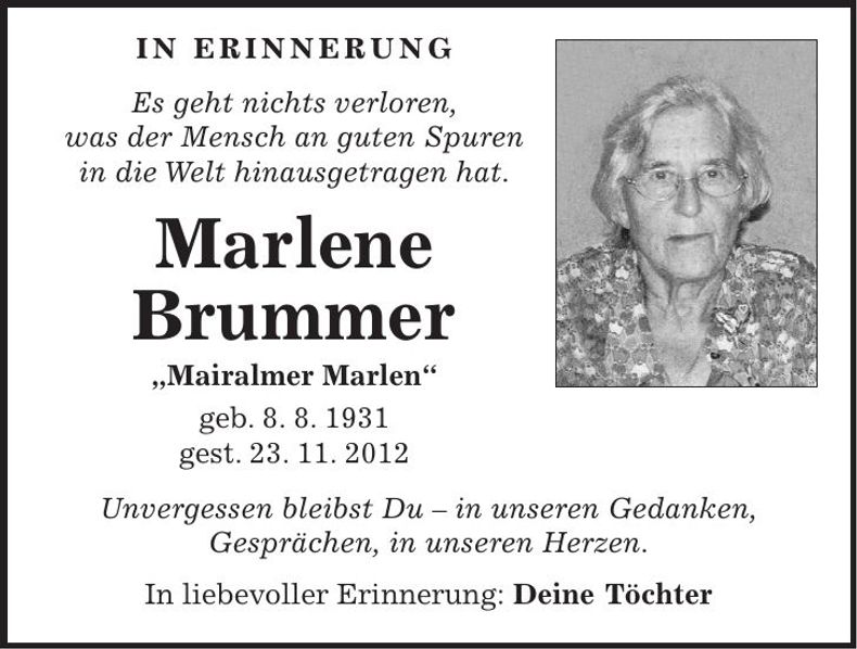 Traueranzeige Marlene Brummer