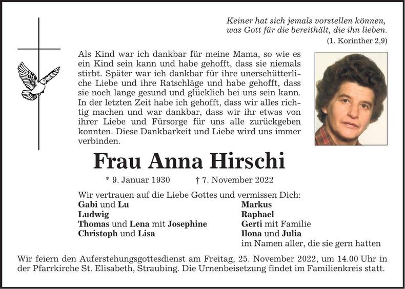 Traueranzeige Anna Hirschi