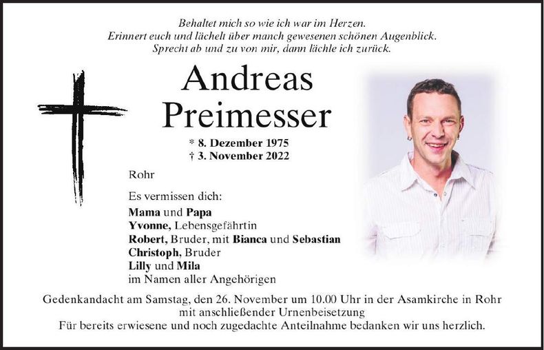 Traueranzeige Andreas Preimesser