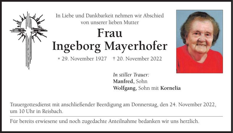 Traueranzeige Ingeborg Mayerhofer