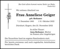 Traueranzeige Anneliese Geiger