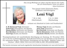 Traueranzeige Leni Vögl
