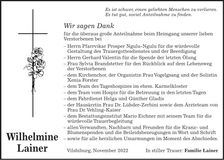 Traueranzeige Wilhelmine Lainer