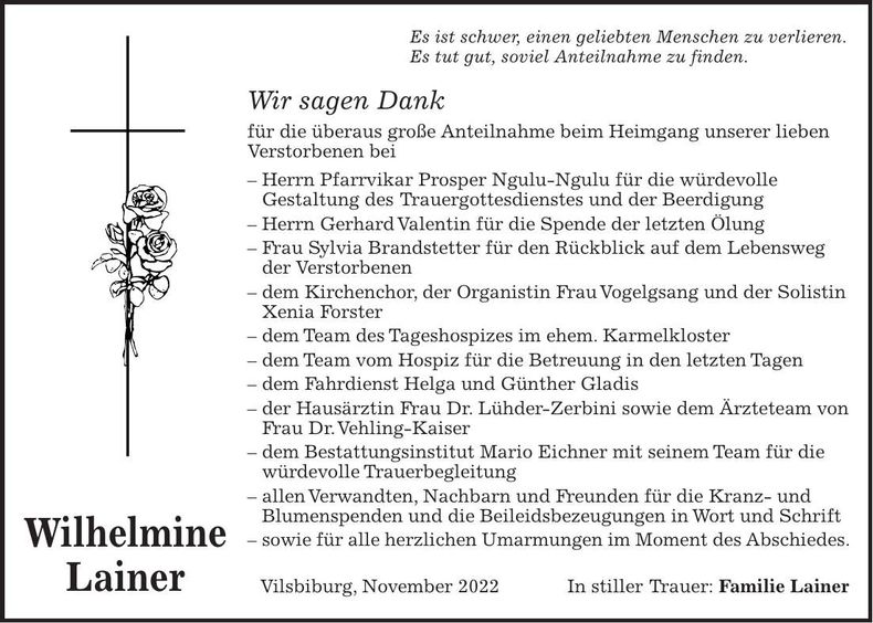 Traueranzeige Wilhelmine Lainer