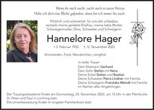 Traueranzeige Hannelore Hager