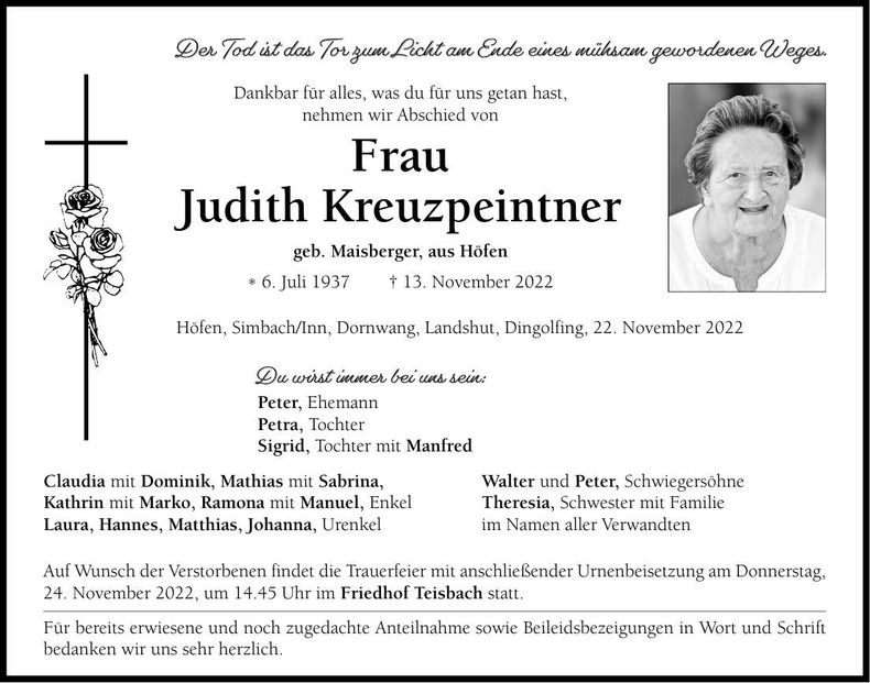 Traueranzeige Judith Kreuzpeintner