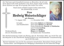 Traueranzeige Hedwig Woisetschläger