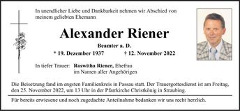 Traueranzeige Alexander Riener