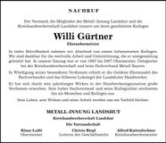 Traueranzeige Willi Gürtner Willi Gürtner