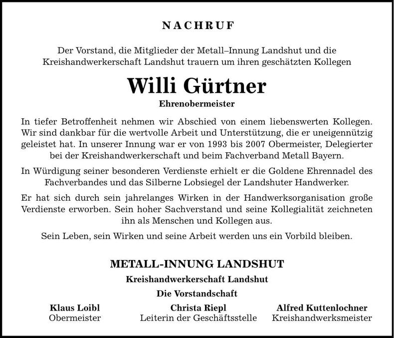 Traueranzeige Willi Gürtner Willi Gürtner