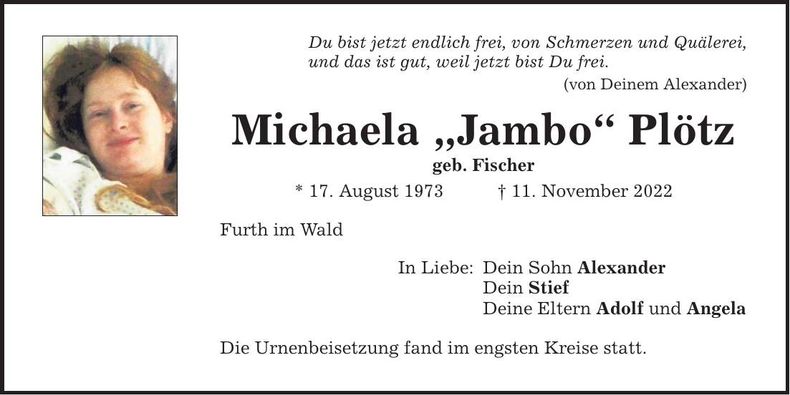 Traueranzeige Michaela Plötz