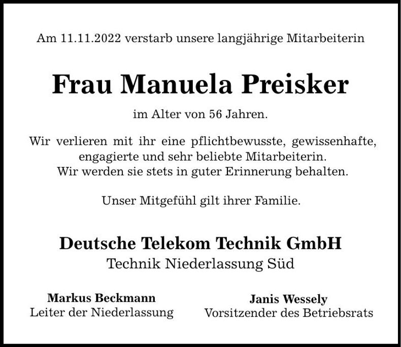 Traueranzeige Manuela Preisker