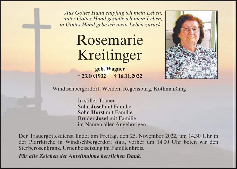 Traueranzeige Rosemarie Kreitinger