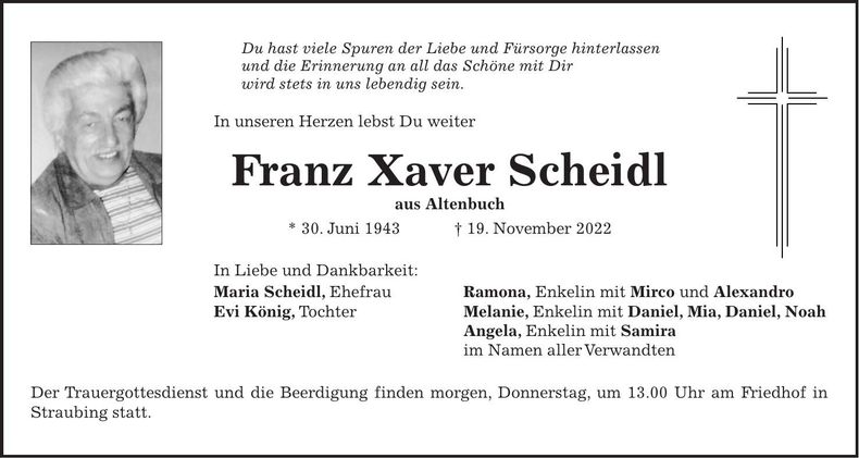 Traueranzeige Franz Xaver Scheidl