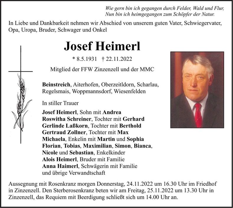 Traueranzeige Josef Heimerl