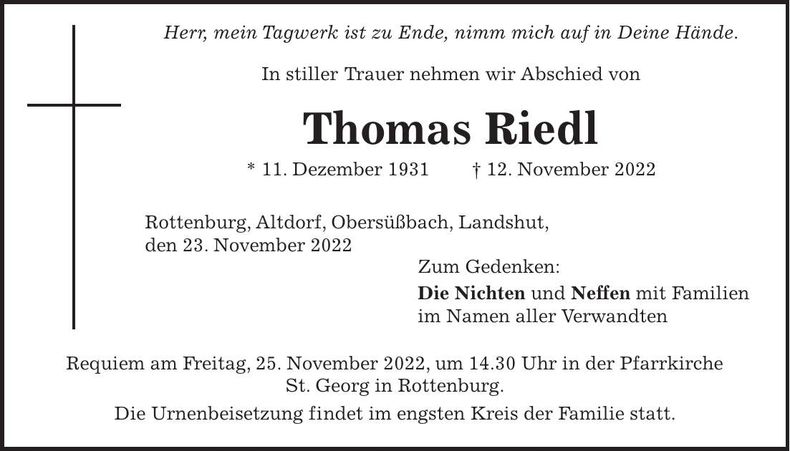 Traueranzeige Thomas Riedl
