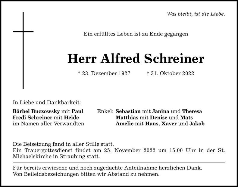 Traueranzeige Alfred Schreiner