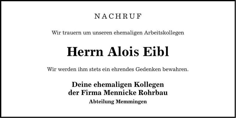 Traueranzeige Alois Eibl