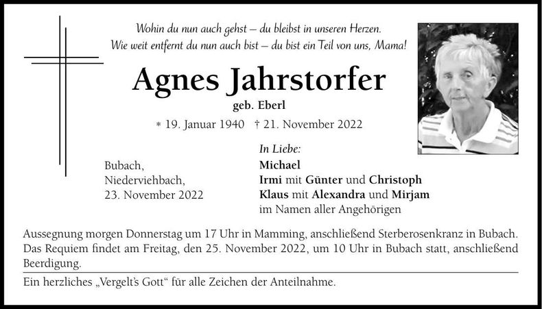 Traueranzeige Agnes Jahrstorfer