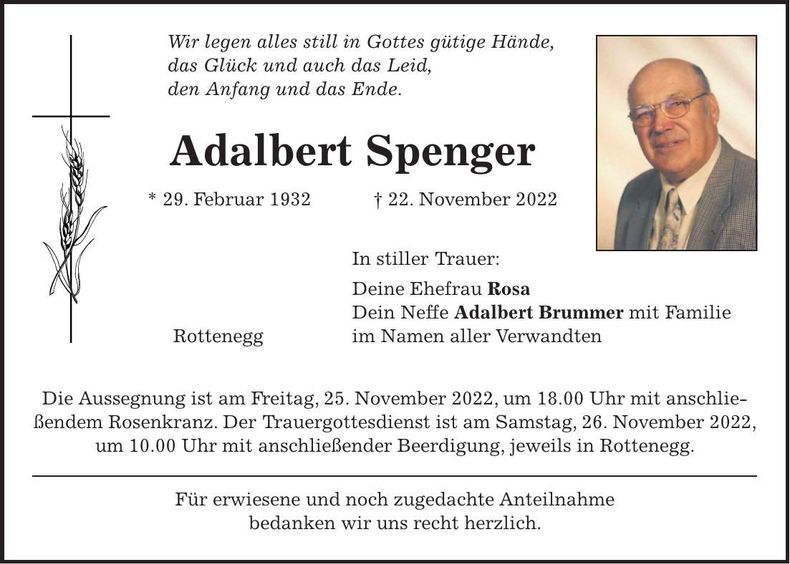 Traueranzeige Adalbert Spenger