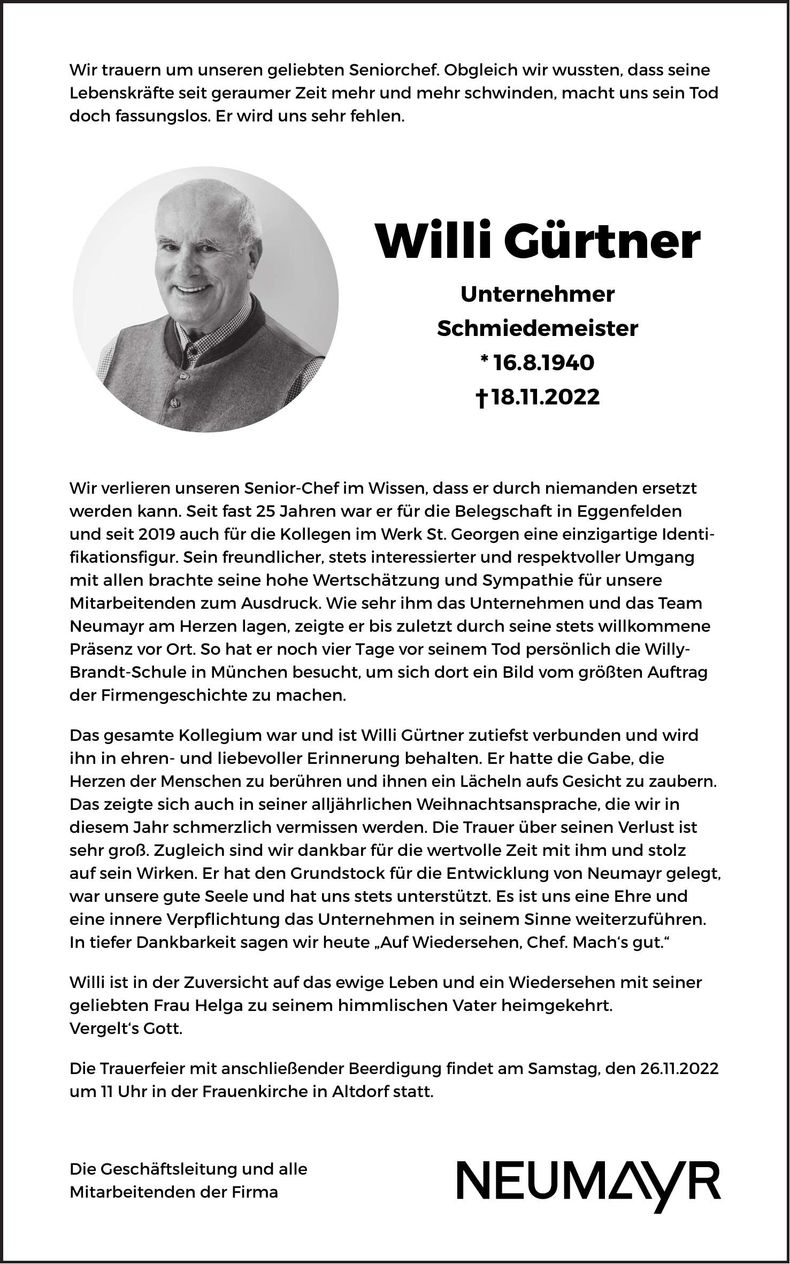 Traueranzeige Willi Gürtner