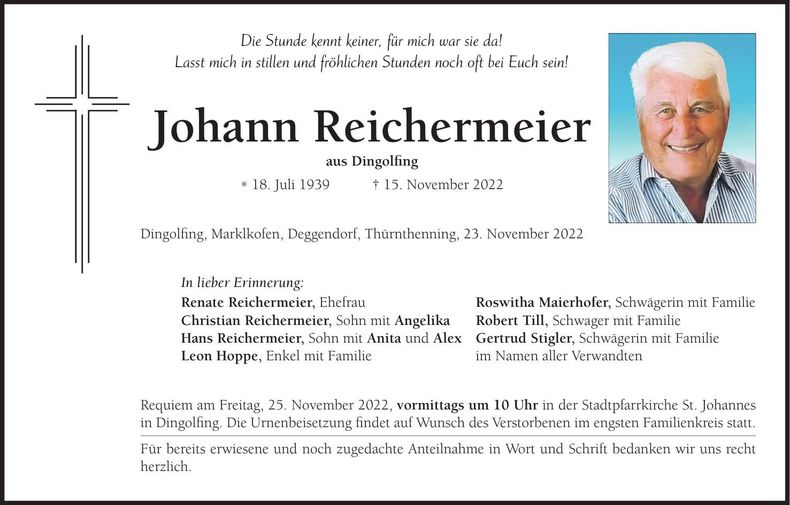 Traueranzeige Johann Reichermeier
