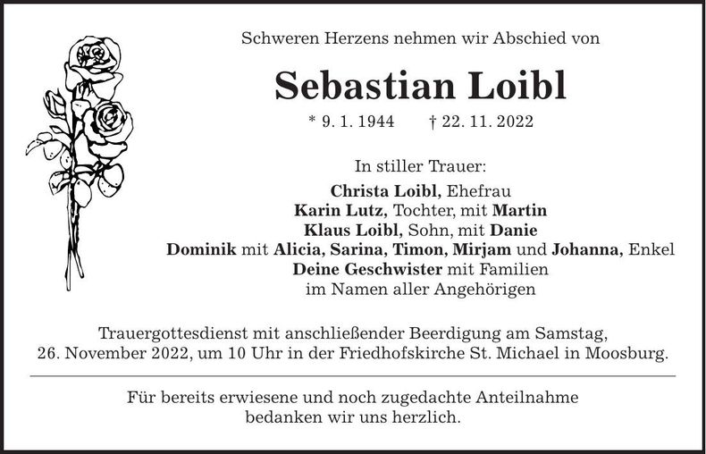 Traueranzeige Sebastian Loibl