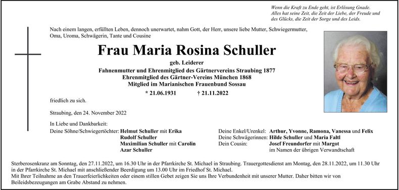 Traueranzeige Maria Rosina Schuller