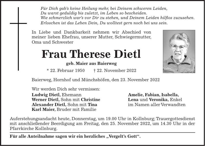 Traueranzeige Therese Dietl