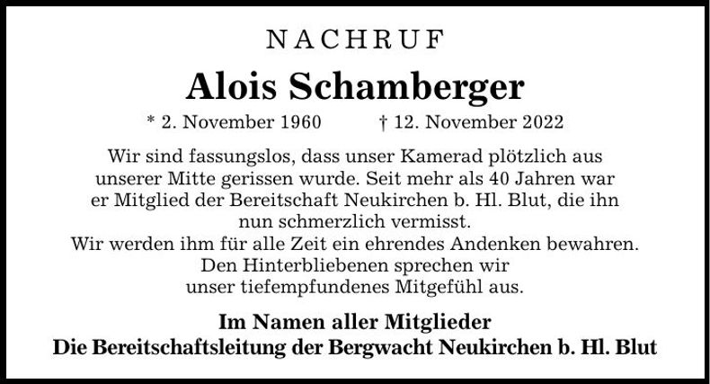 Traueranzeige Alois Schamberger