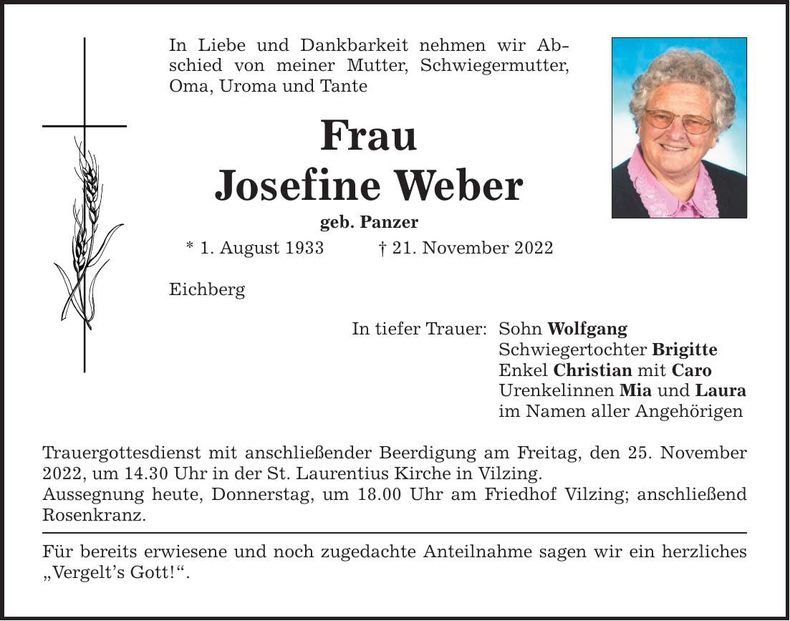 Traueranzeige Josefine Weber