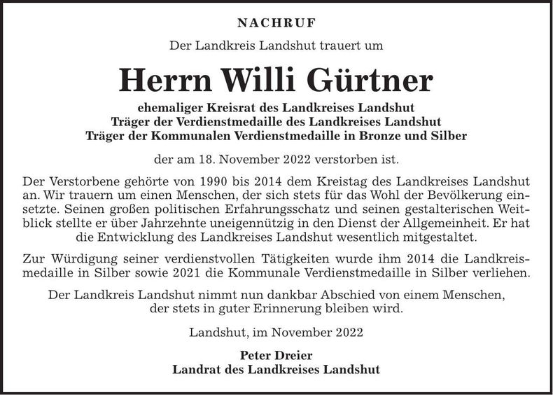 Traueranzeige Willi Gürtner