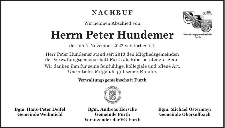 Traueranzeige Peter Hundemer
