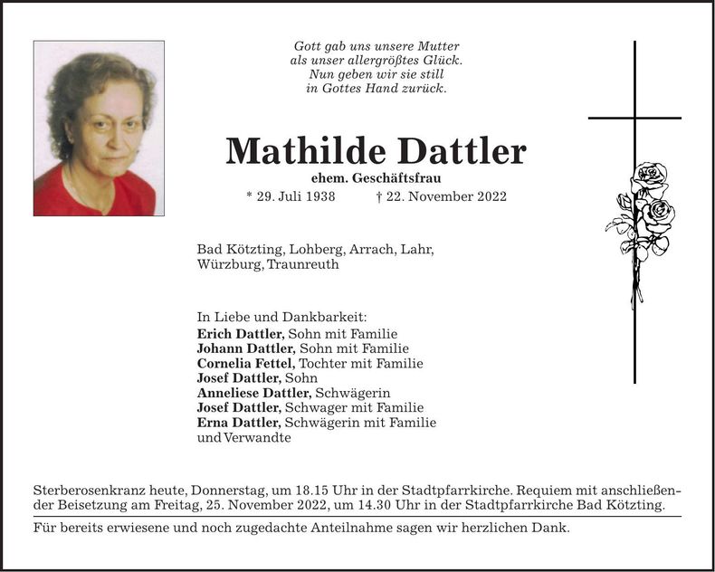 Traueranzeige Mathilde Dattler