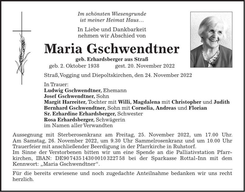 Traueranzeige Maria Gschwendtner