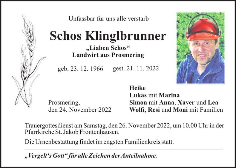 Traueranzeige Schos Klinglbrunner