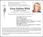 Traueranzeige Sabine Wild