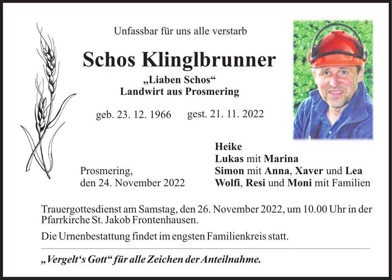 Traueranzeige Schos Klinglbrunner