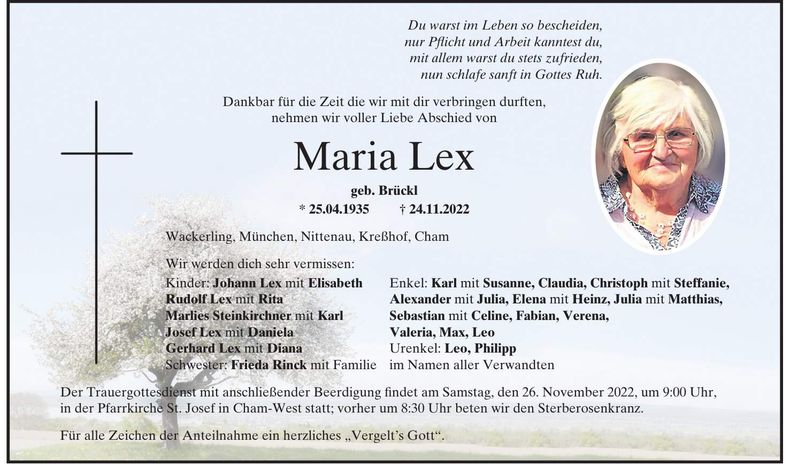 Traueranzeige Maria Lex