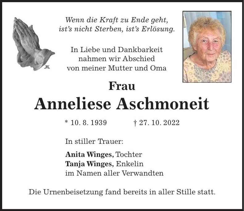 Traueranzeige Anneliese Aschmoneit
