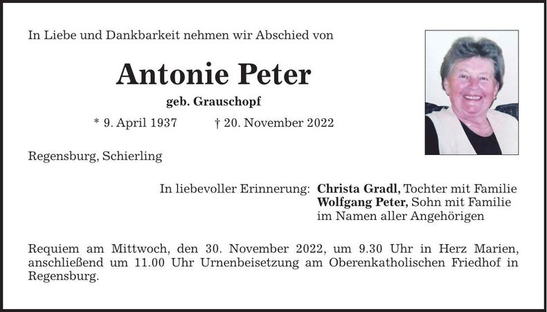 Traueranzeige Antonie Peter