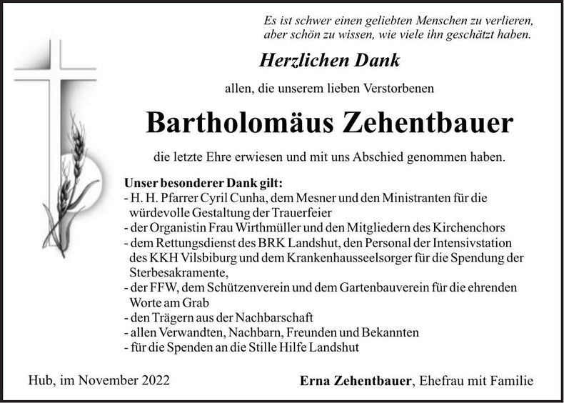 Traueranzeige Bartholomäus Zehentbauer