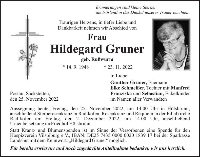 Traueranzeige Hildegard Gruner