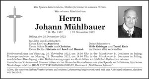 Traueranzeige Johann Mühlbauer