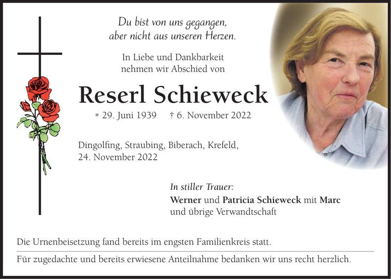 Traueranzeige Reserl Schieweck