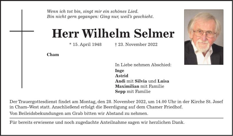 Traueranzeige Wilhelm Selmer