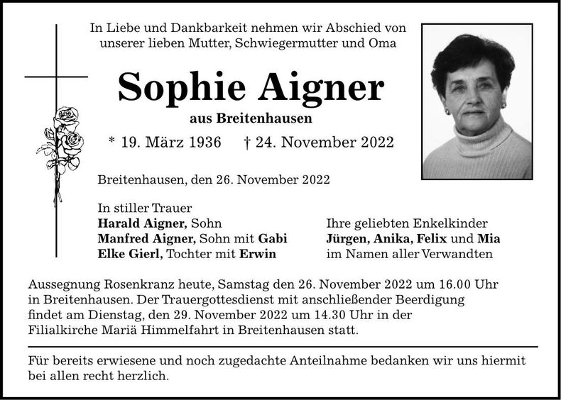 Traueranzeige Sophie Aigner